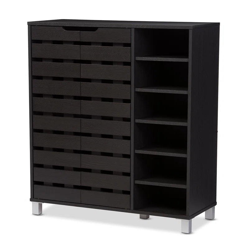 Modern and Contemporary 2 Door Wood 18 Pair Shoe Cabinet with Open Shelves