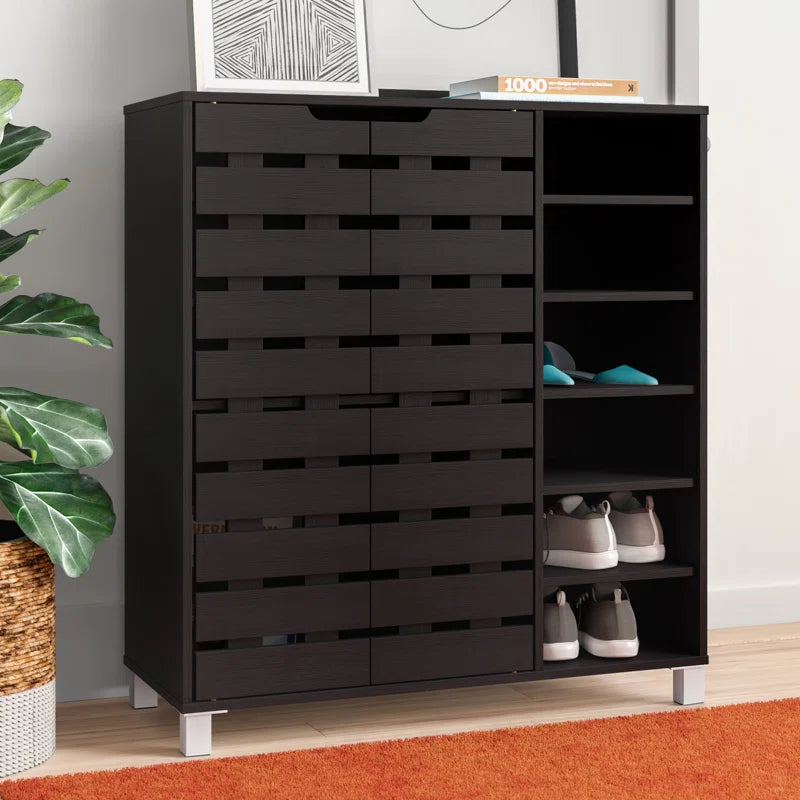 Modern and Contemporary 2 Door Wood 18 Pair Shoe Cabinet with Open Shelves