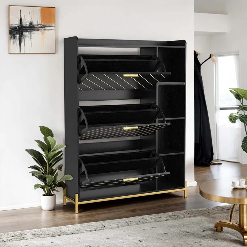 3 Flip Drawers & Open Shelves, Modern Entryway Shoe Storage Cabinet Slim, Narrow Hidden Shoe Rack