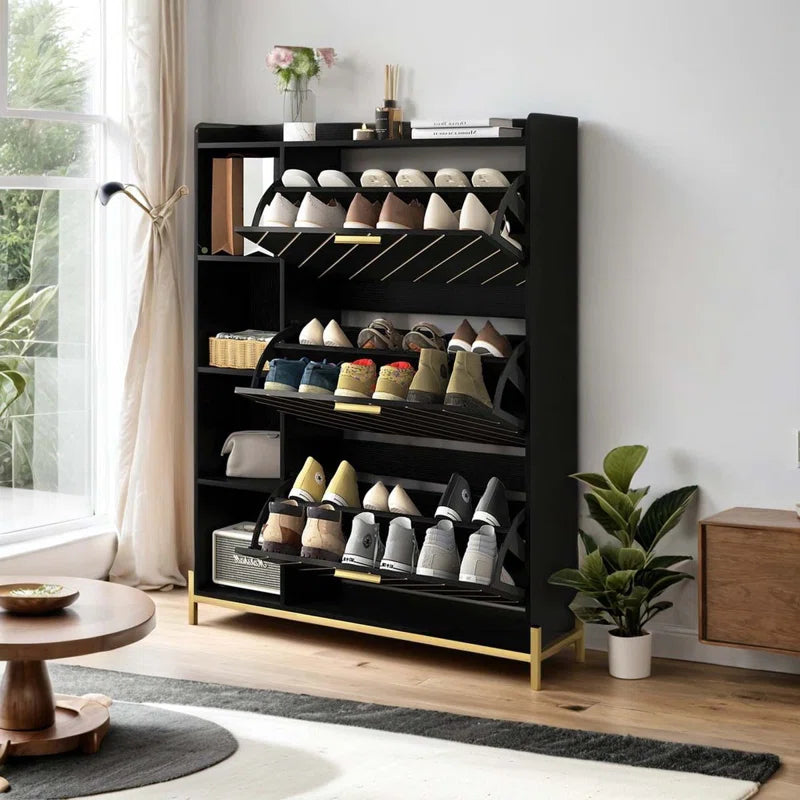 3 Flip Drawers & Open Shelves, Modern Entryway Shoe Storage Cabinet Slim, Narrow Hidden Shoe Rack