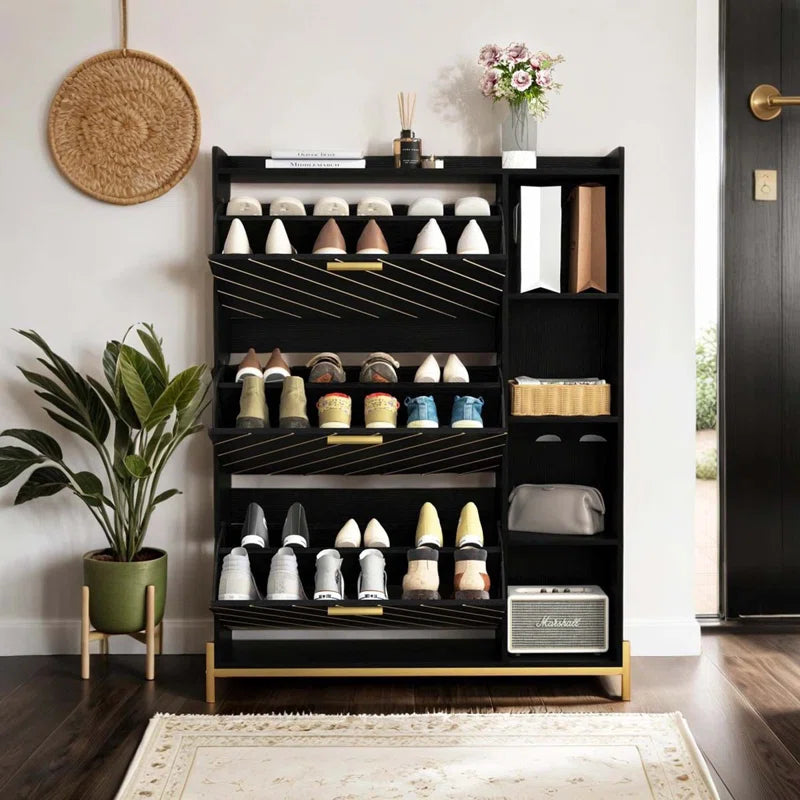 3 Flip Drawers & Open Shelves, Modern Entryway Shoe Storage Cabinet Slim, Narrow Hidden Shoe Rack
