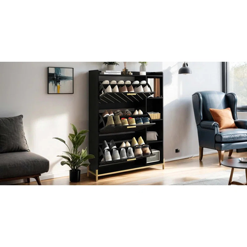 3 Flip Drawers & Open Shelves, Modern Entryway Shoe Storage Cabinet Slim, Narrow Hidden Shoe Rack