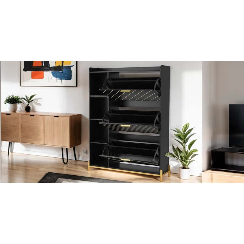 3 Flip Drawers & Open Shelves, Modern Entryway Shoe Storage Cabinet Slim, Narrow Hidden Shoe Rack