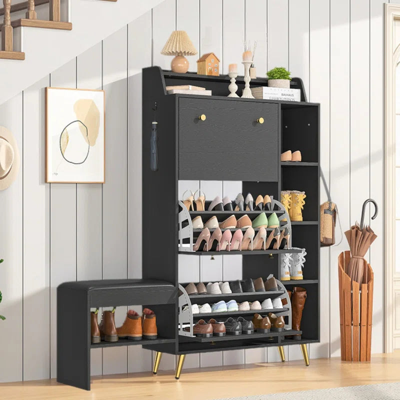 Cabinet With Upholstered Bench,Modern Shoe Storage Cabinet With 3 Flip Drawers,Narrow Shoe Rack