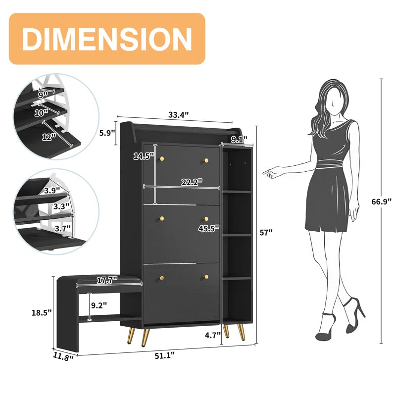 Cabinet With Upholstered Bench,Modern Shoe Storage Cabinet With 3 Flip Drawers,Narrow Shoe Rack