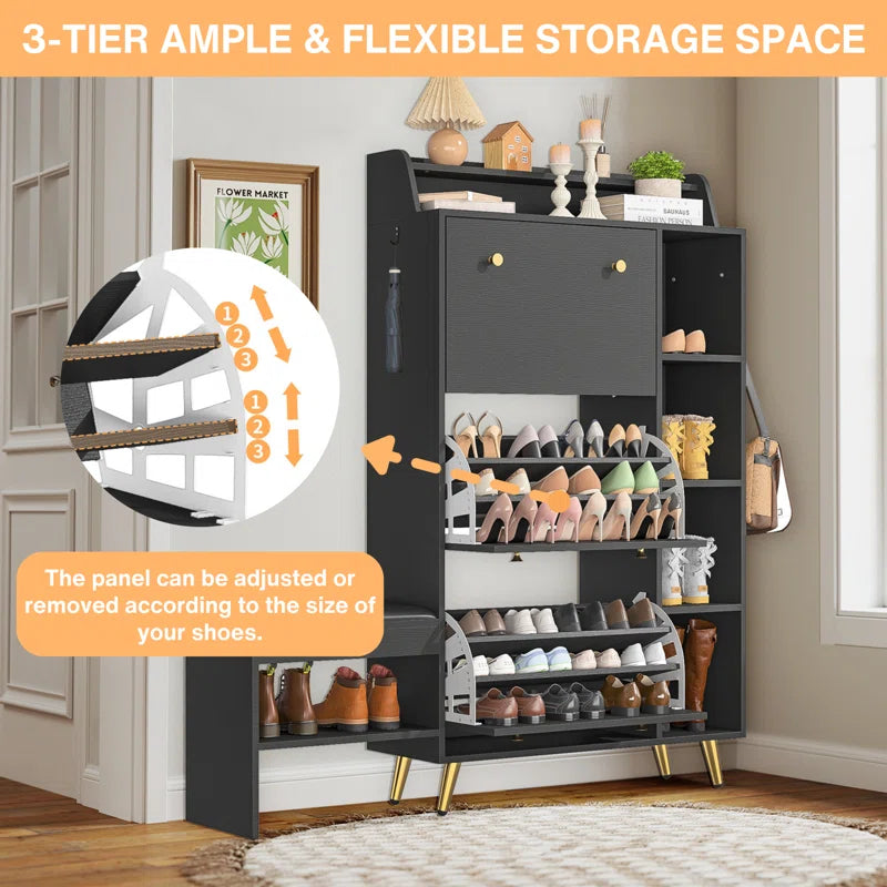 Cabinet With Upholstered Bench,Modern Shoe Storage Cabinet With 3 Flip Drawers,Narrow Shoe Rack