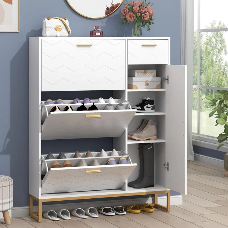 Free Standing Shoe Organizer with 3 Flip Drawers and Side Cabinet