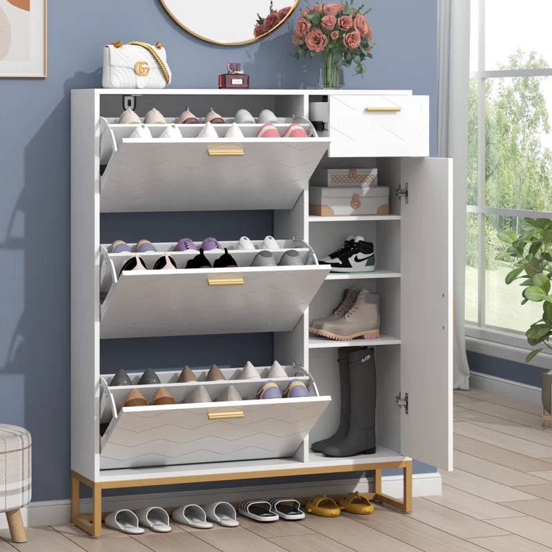 Free Standing Shoe Organizer with 3 Flip Drawers and Side Cabinet