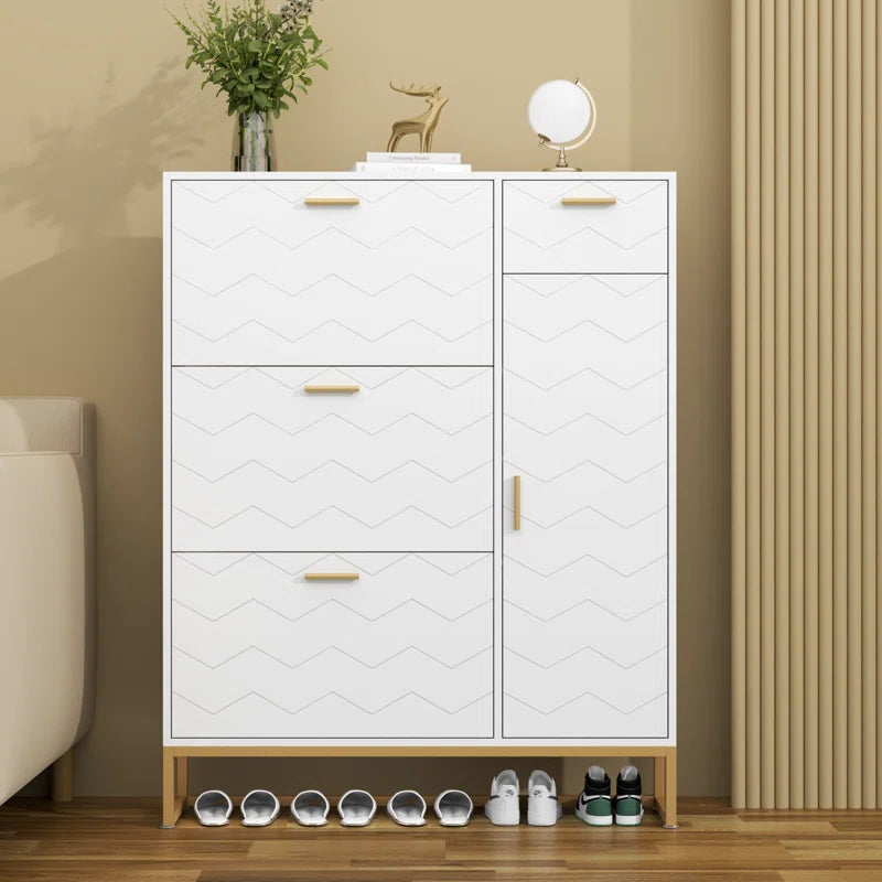 Free Standing Shoe Organizer with 3 Flip Drawers and Side Cabinet