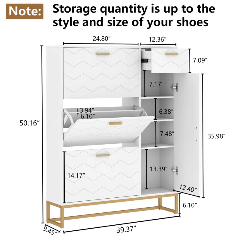 Free Standing Shoe Organizer with 3 Flip Drawers and Side Cabinet