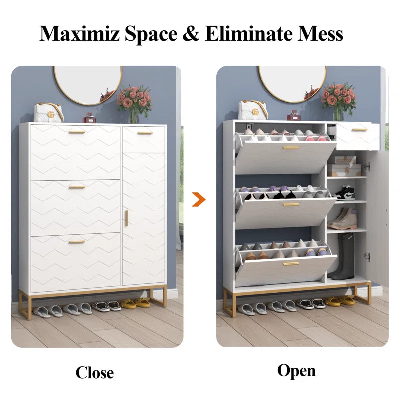 Free Standing Shoe Organizer with 3 Flip Drawers and Side Cabinet