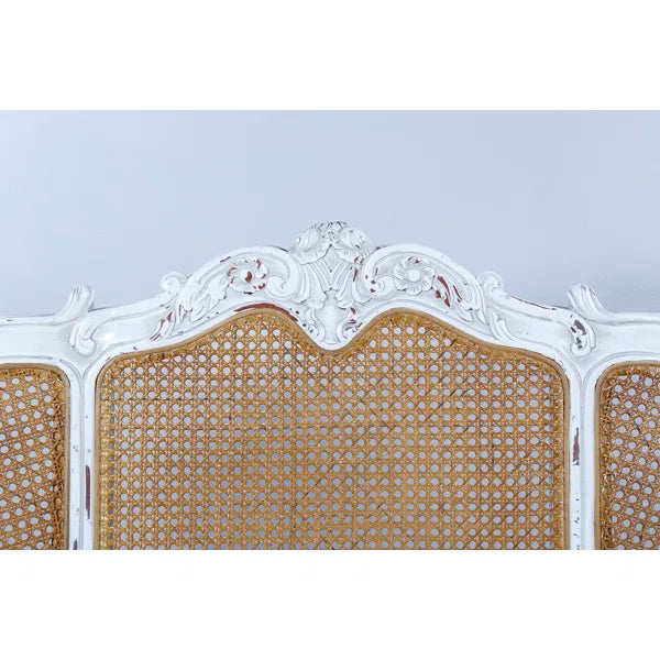 Hand-Carved Solid Mahogany Linen Armchair with Cane Back – Classic Antique Accent Chair