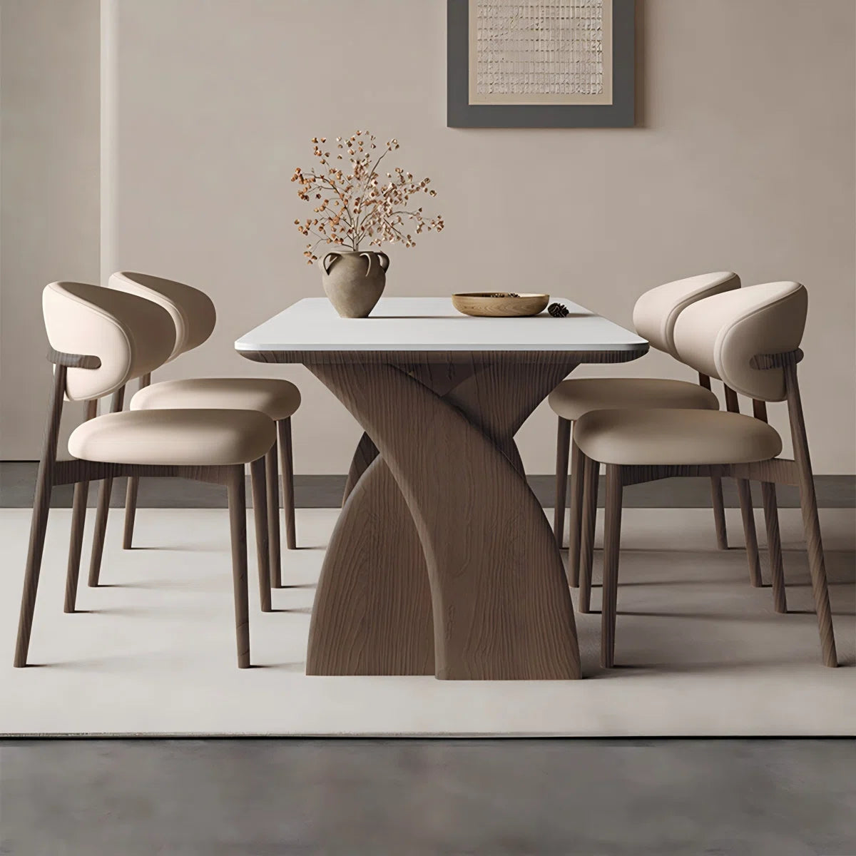 Sintered Composite marble &Solid Wood Oak white and brown Dining Table and Chair Set,6-Chairs