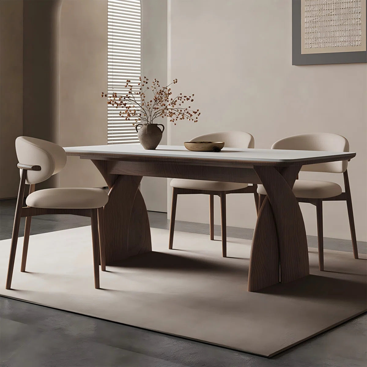 Sintered Composite marble &Solid Wood Oak white and brown Dining Table and Chair Set,6-Chairs