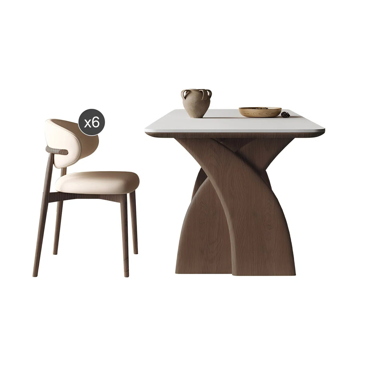 Sintered Composite marble &Solid Wood Oak white and brown Dining Table and Chair Set,6-Chairs