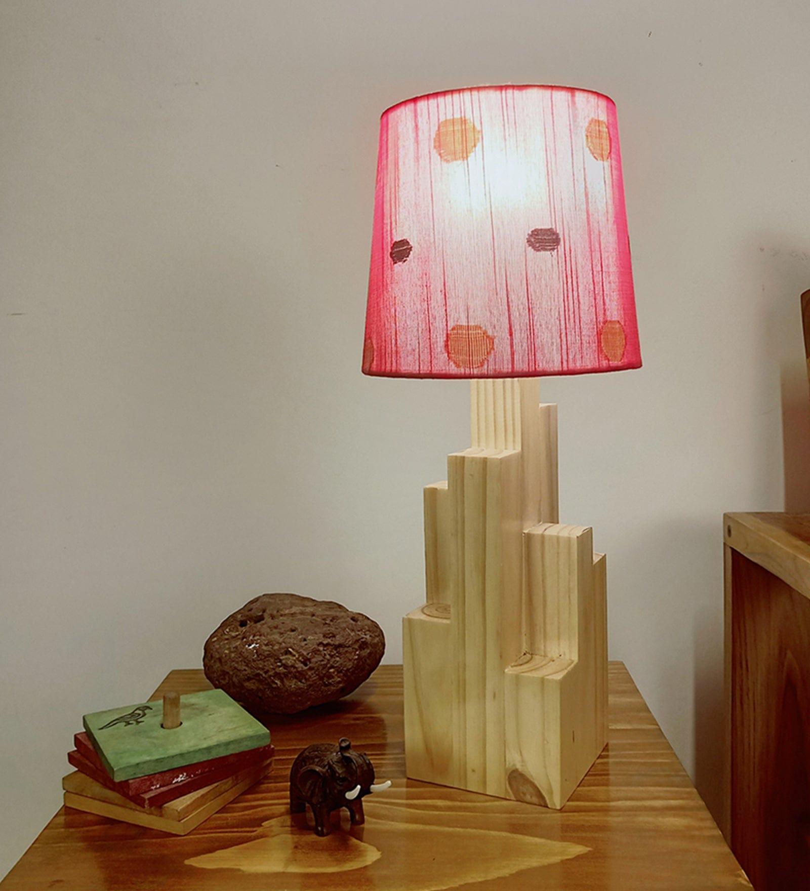 Skyline Beige Wooden Table Lamp with Red Printed Fabric Lampshade (BULB NOT INCLUDED) - Ouch Cart 