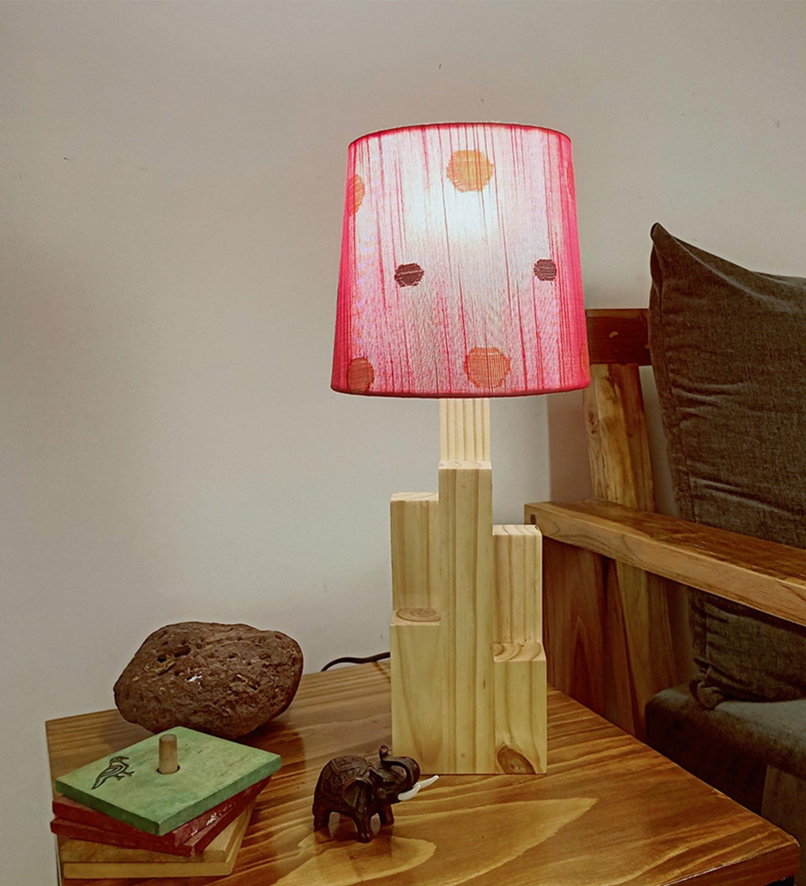 Skyline Beige Wooden Table Lamp with Red Printed Fabric Lampshade (BULB NOT INCLUDED) - Ouch Cart 