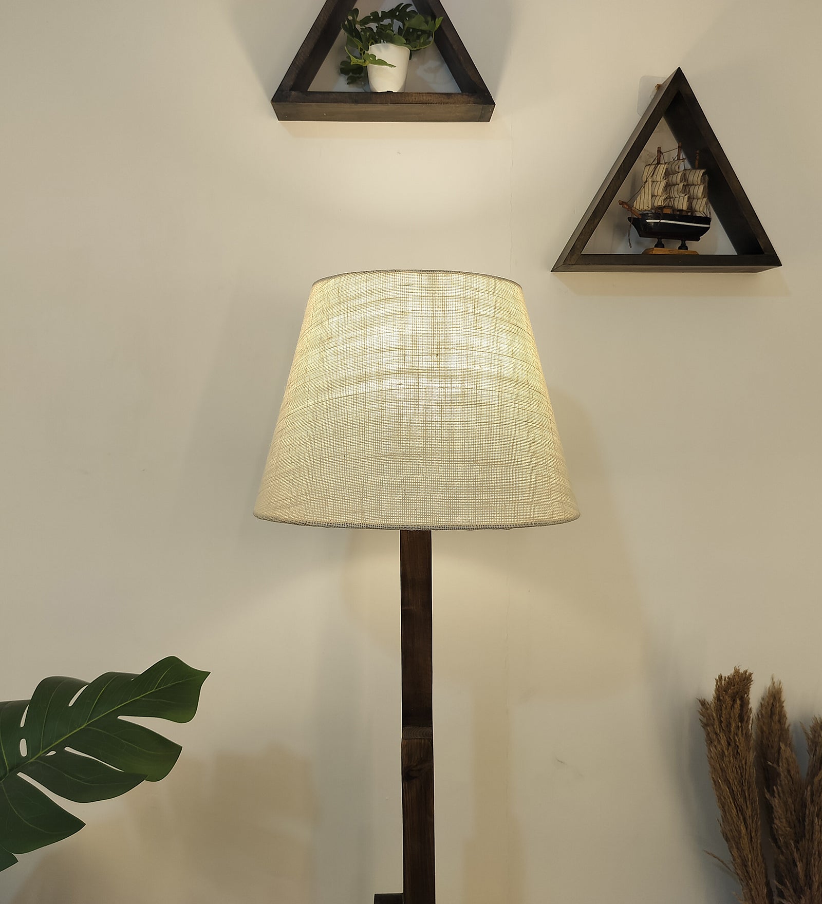 Skyline Wooden Floor Lamp with Brown Base and Yellow Printed Fabric Lampshade