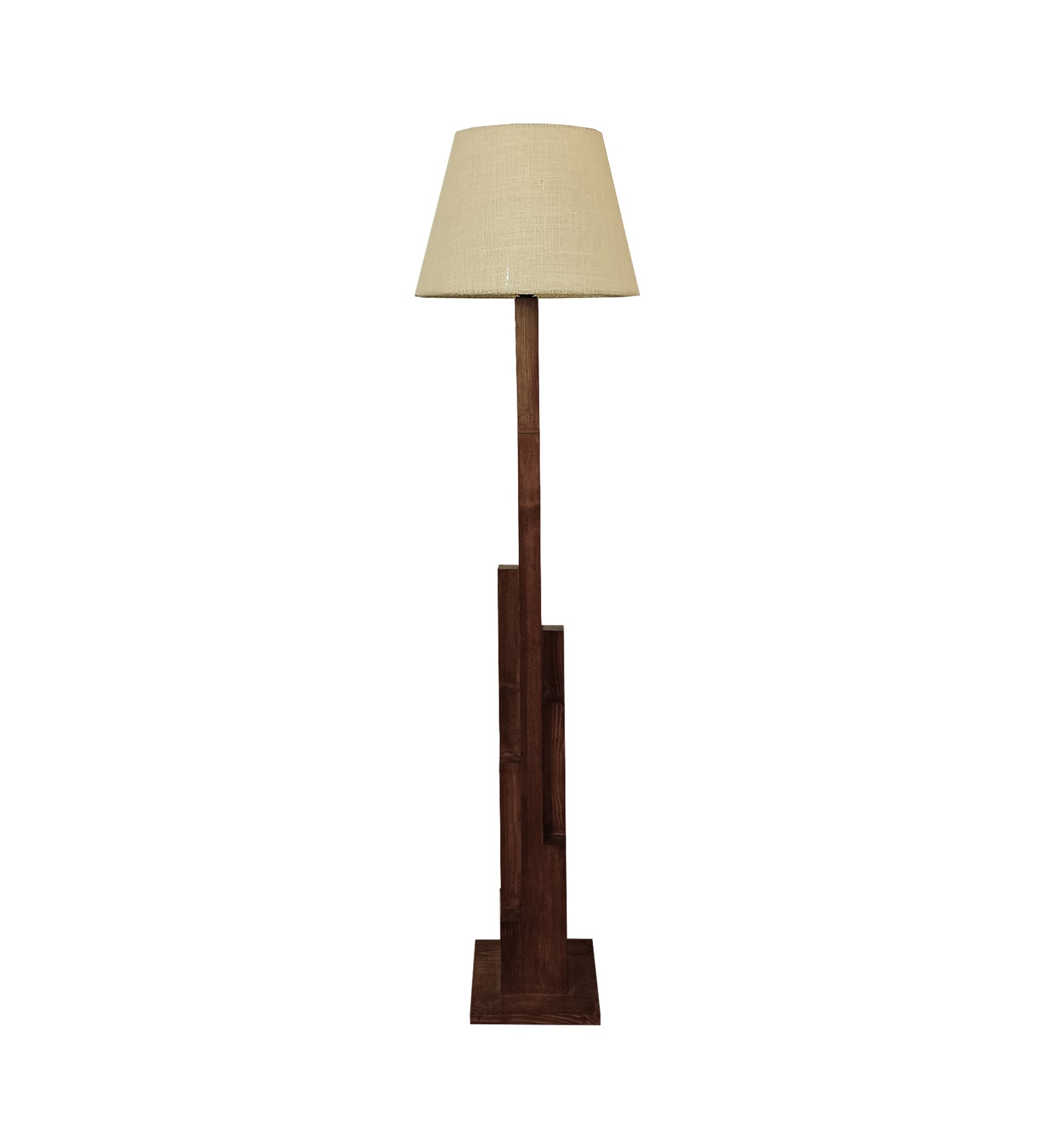 Skyline Wooden Floor Lamp with Brown Base and Yellow Printed Fabric Lampshade