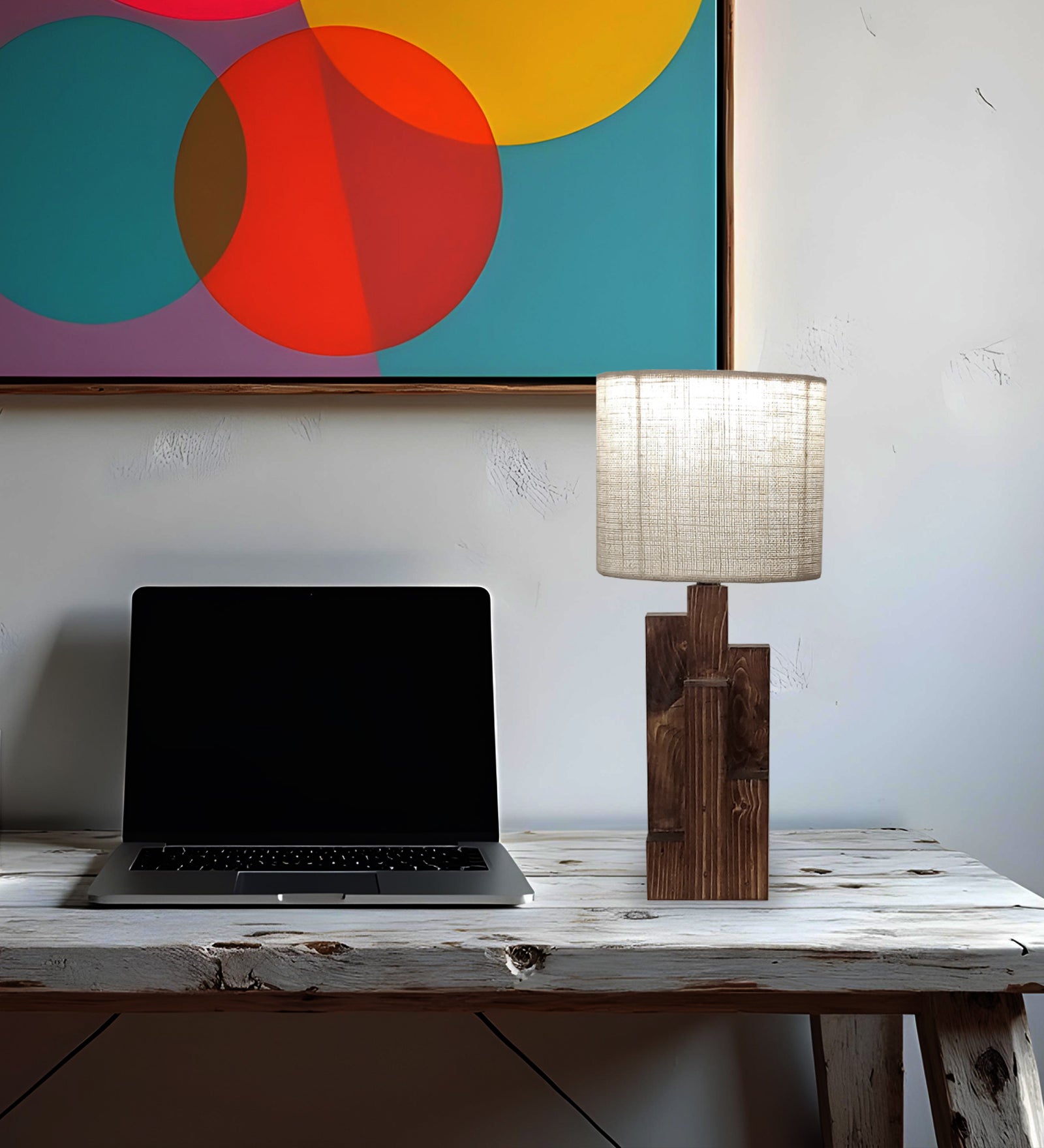 Skyline Brown Wooden Table Lamp with Yellow Printed Fabric Lampshade (BULB NOT INCLUDED)