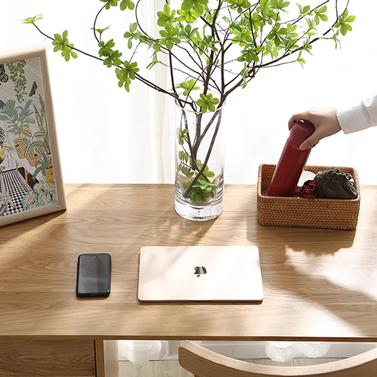 Sleek Solid Wood Rectangular Desk,3-drawer