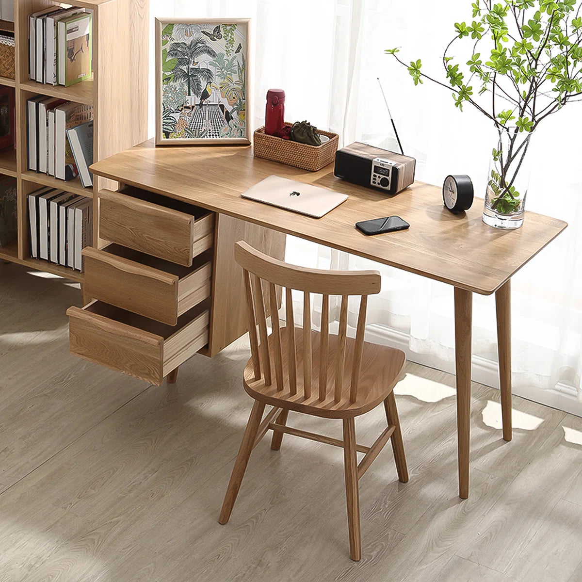 Sleek Solid Wood Rectangular Desk,3-drawer