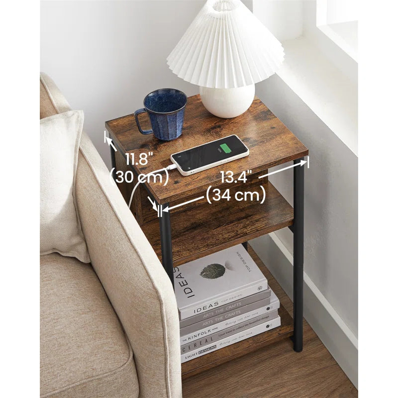 River Side Table With Charging Station, Narrow Bedside Table With 2 AC Outlets 2 USB Outlets, 30 X 34 X 58 Cm, For Living Room, Bedroom, Rustic Brown And Black