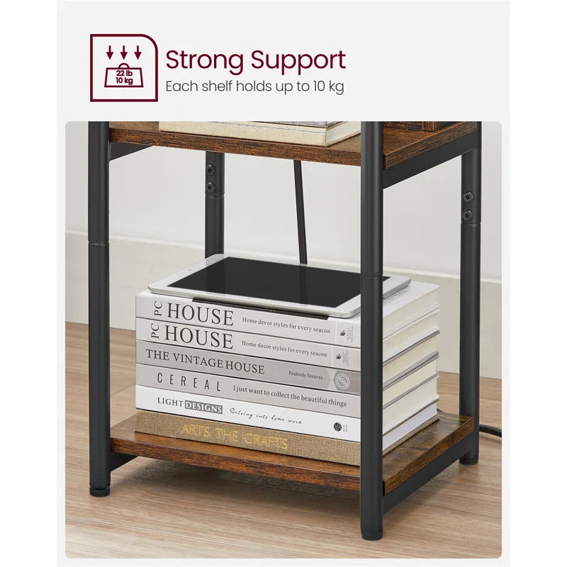 River Side Table With Charging Station, Narrow Bedside Table With 2 AC Outlets 2 USB Outlets, 30 X 34 X 58 Cm, For Living Room, Bedroom, Rustic Brown And Black