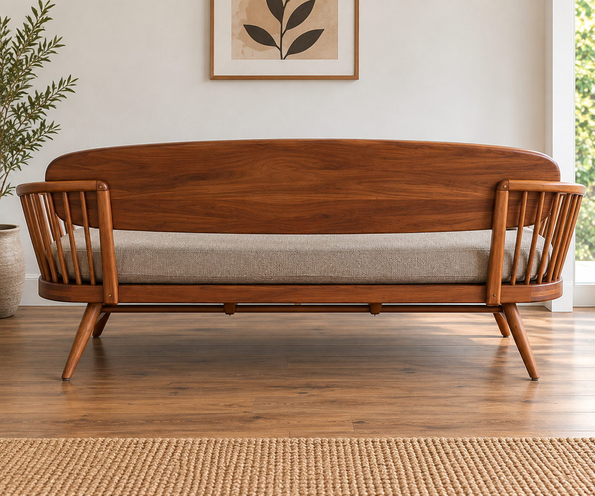 Solid Wood Mid-Century Modern Sofa  3 Seater Wooden Sofa with Cane Spindle Arms, Beige Cushion & Tapered Legs for Living Room