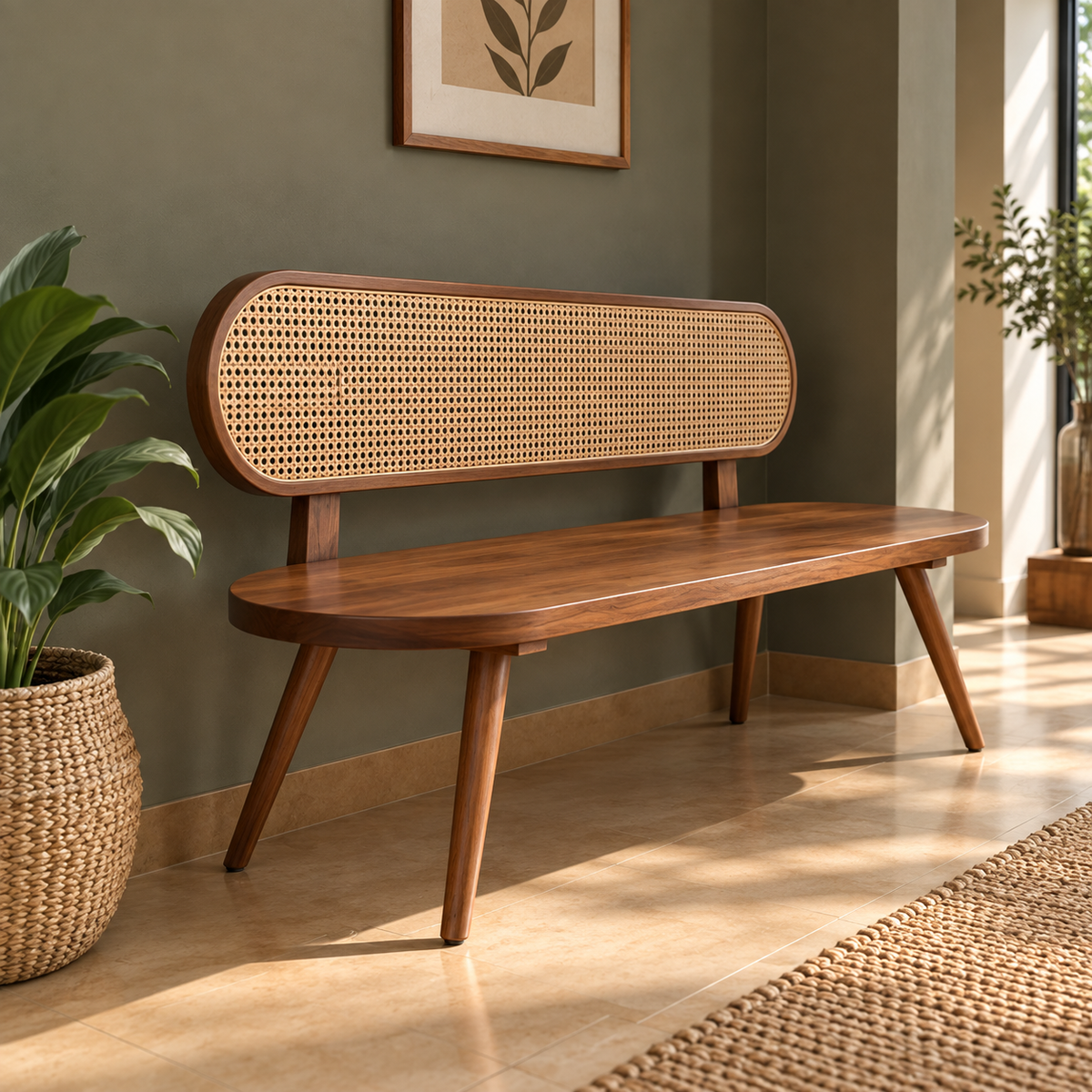 Solid Wooden Cane Bench for Living Room  Mid-Century Modern 3 Seater Sofa Bench with Rattan Backrest, Walnut Finish & Tapered Legs
