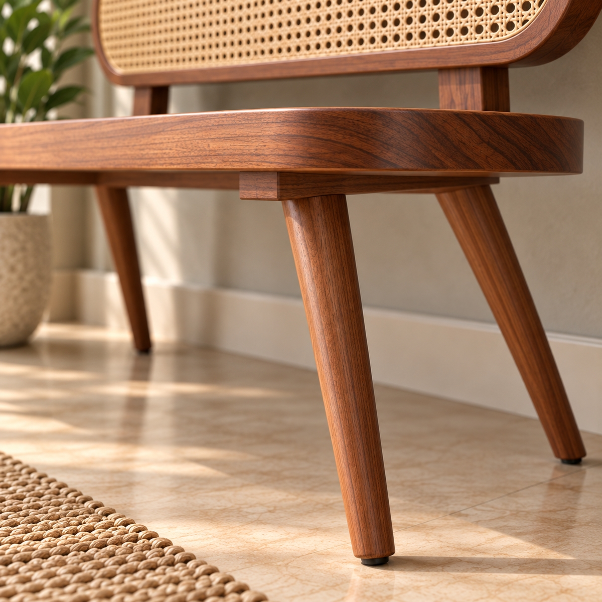 Solid Wooden Cane Bench for Living Room  Mid-Century Modern 3 Seater Sofa Bench with Rattan Backrest, Walnut Finish & Tapered Legs