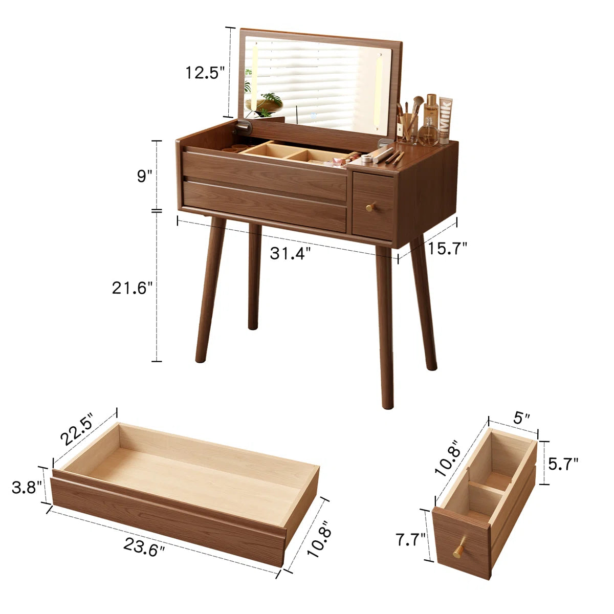 32" Solid Wood Flip-Up Mirror Vanity Desk & Storage