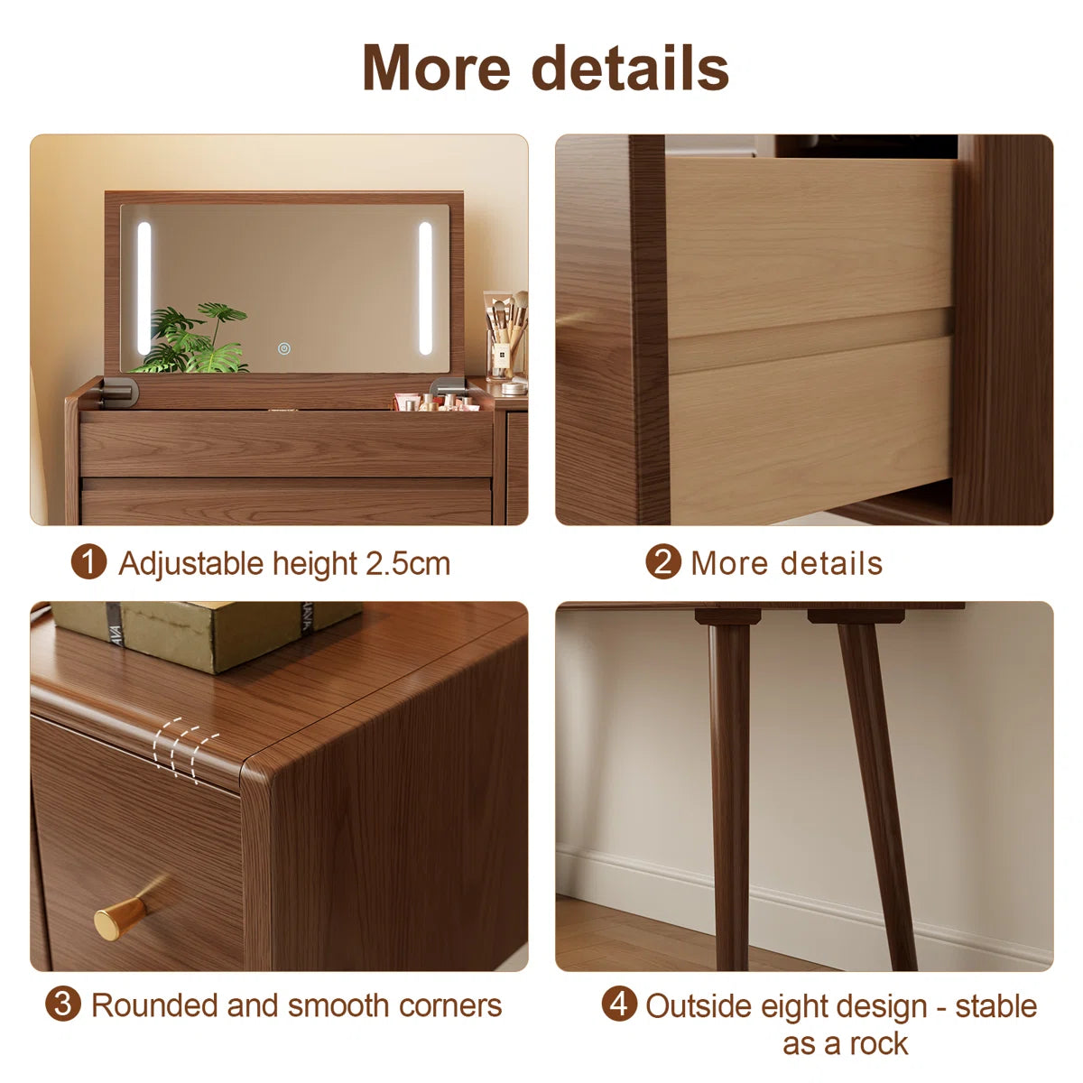 32" Solid Wood Flip-Up Mirror Vanity Desk with LED Lighting & Storage