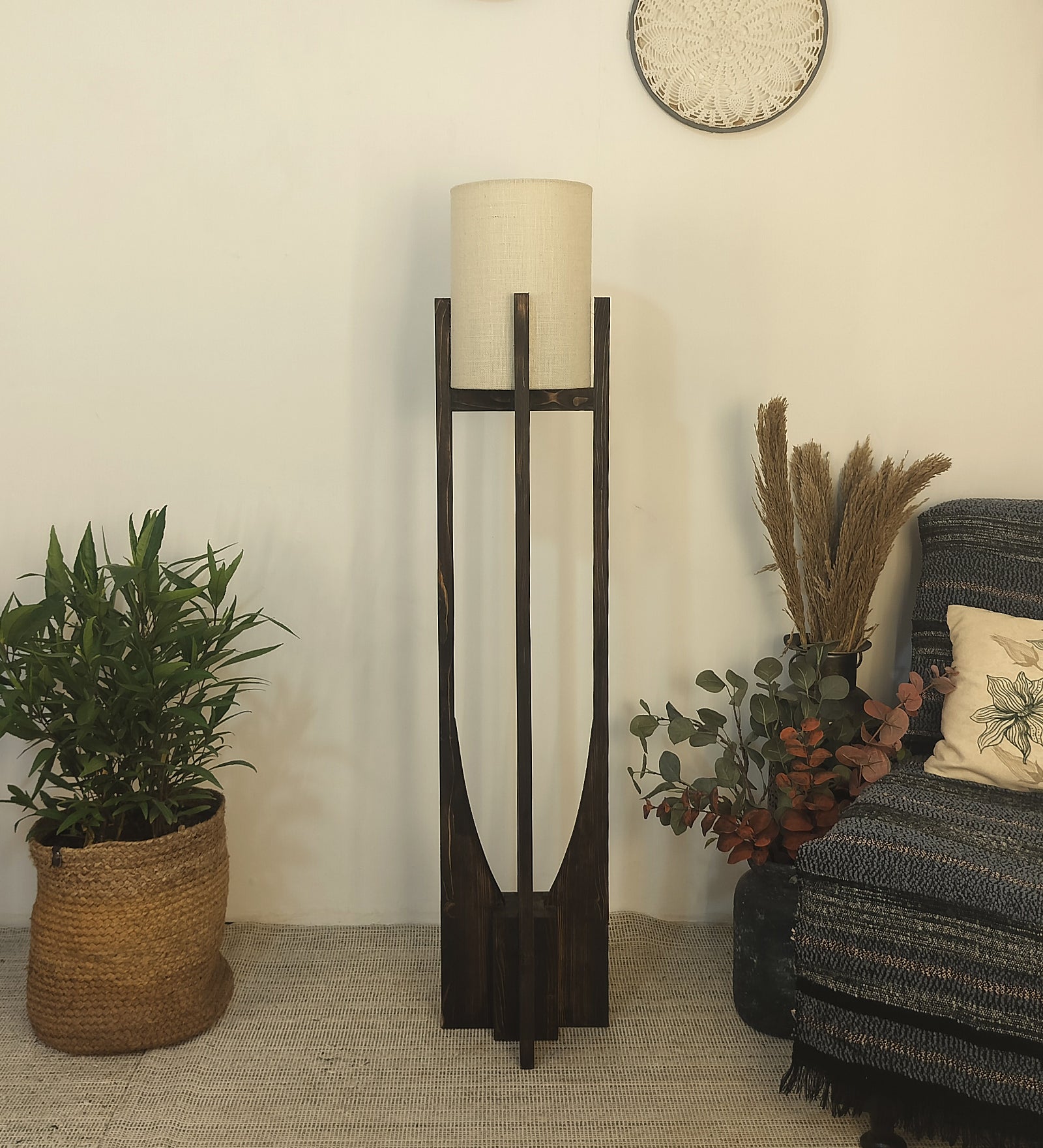 Solitaire Wooden Floor Lamp with Brown Base and White Fabric Lampshade (BULB NOT INCLUDED)