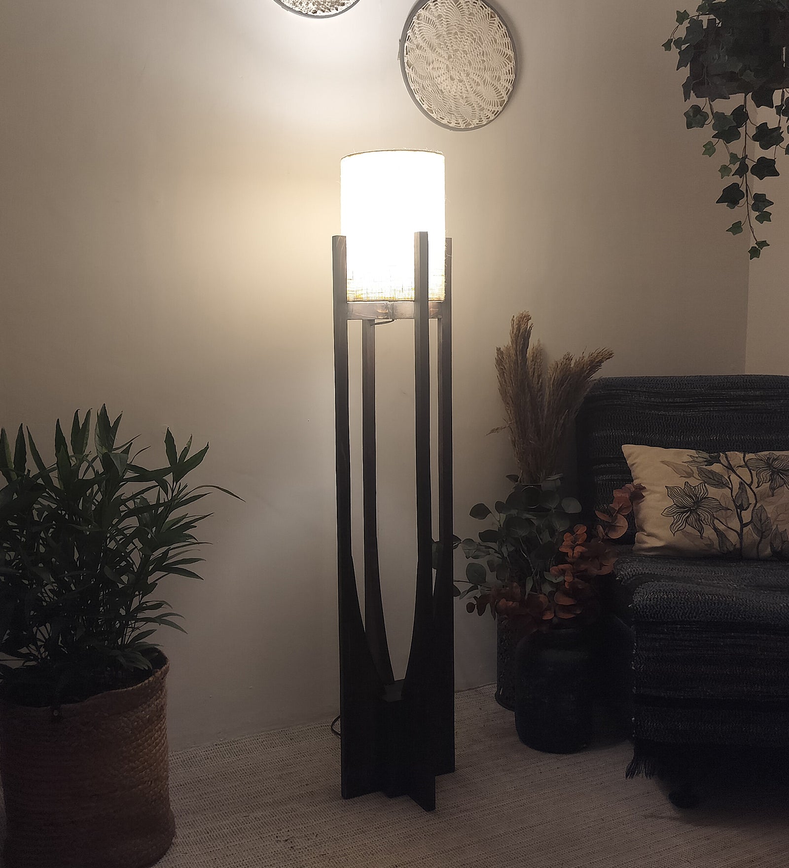 Solitaire Wooden Floor Lamp with Brown Base and White Fabric Lampshade (BULB NOT INCLUDED)