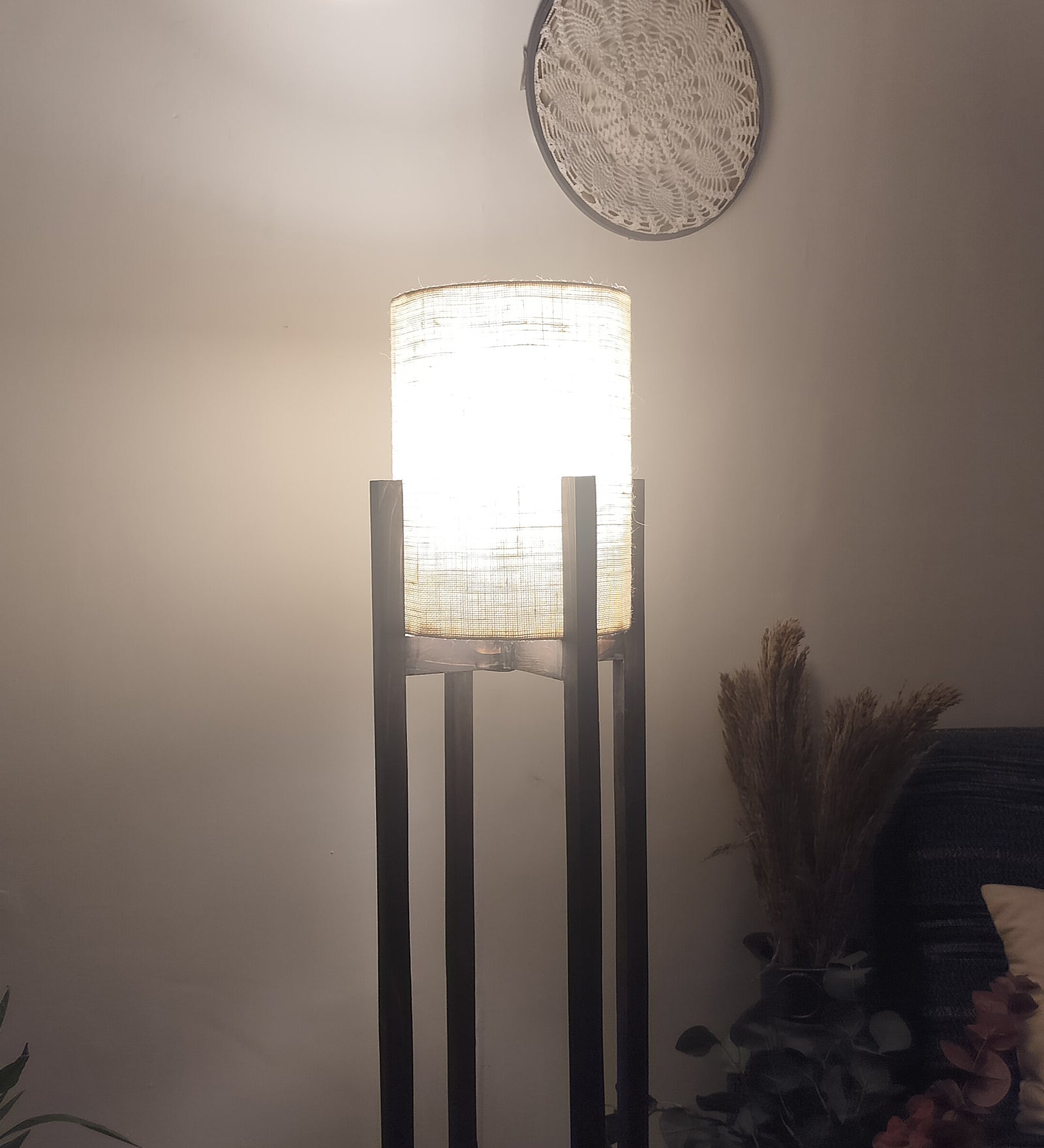 Solitaire Wooden Floor Lamp with Brown Base and White Fabric Lampshade (BULB NOT INCLUDED)