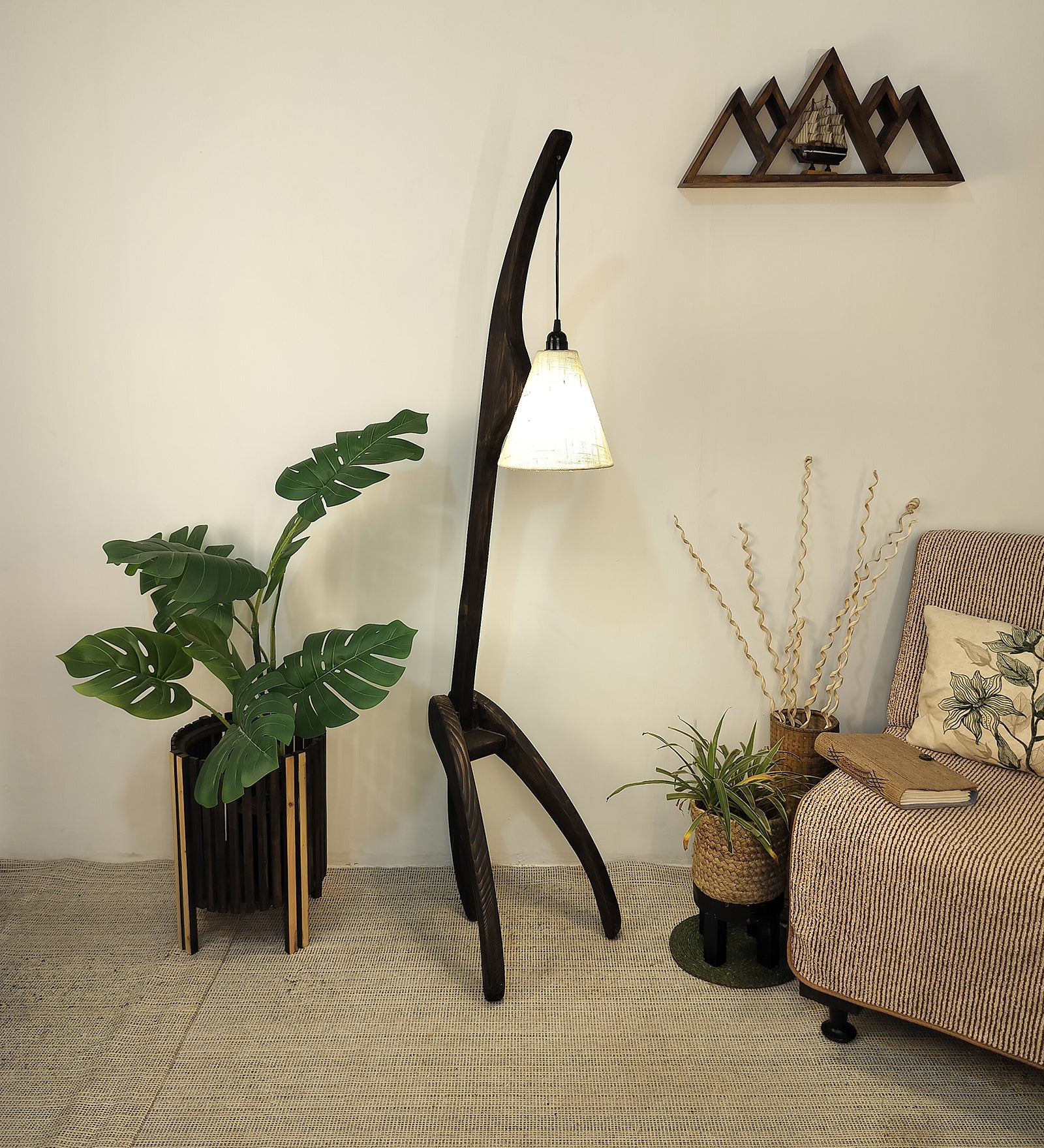 Species Wooden Floor Lamp with Brown Base and Jute Fabric Lampshade (BULB NOT INCLUDED)