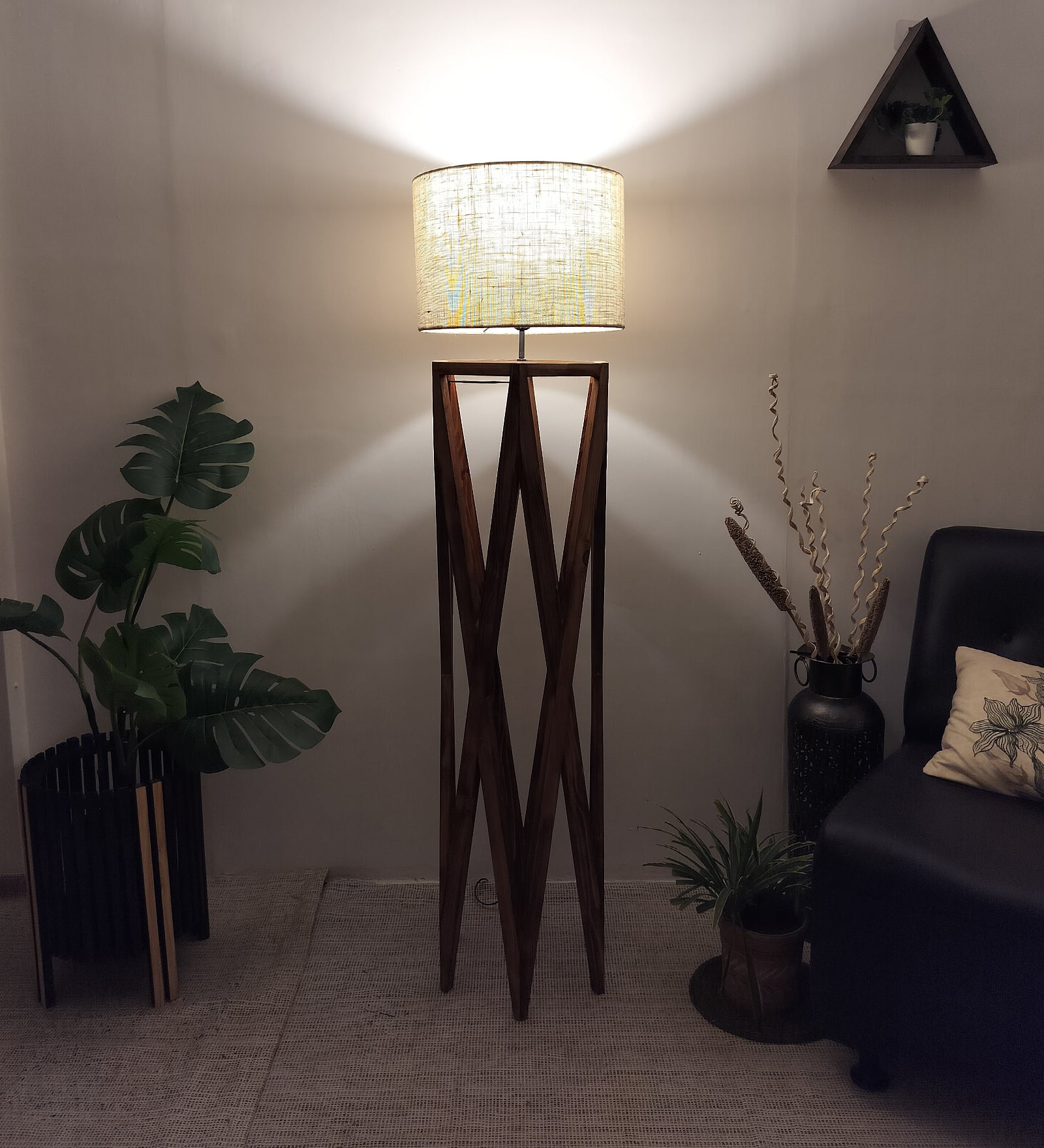 Spectre Wooden Floor Lamp with Brown Base and Jute Fabric Lampshade