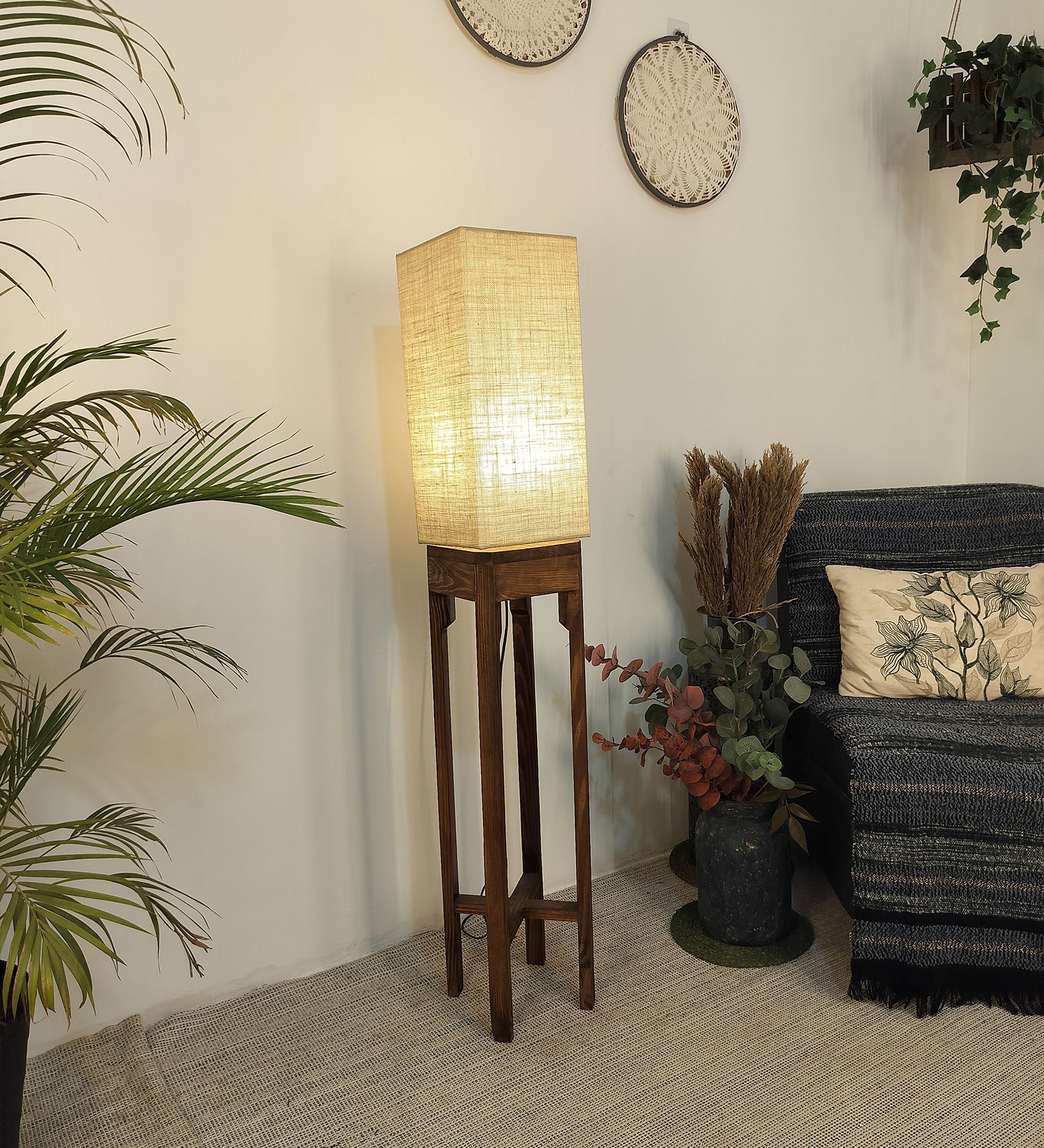 Sputnik Wooden Floor Lamp with Brown Base and Beige Fabric Lampshade