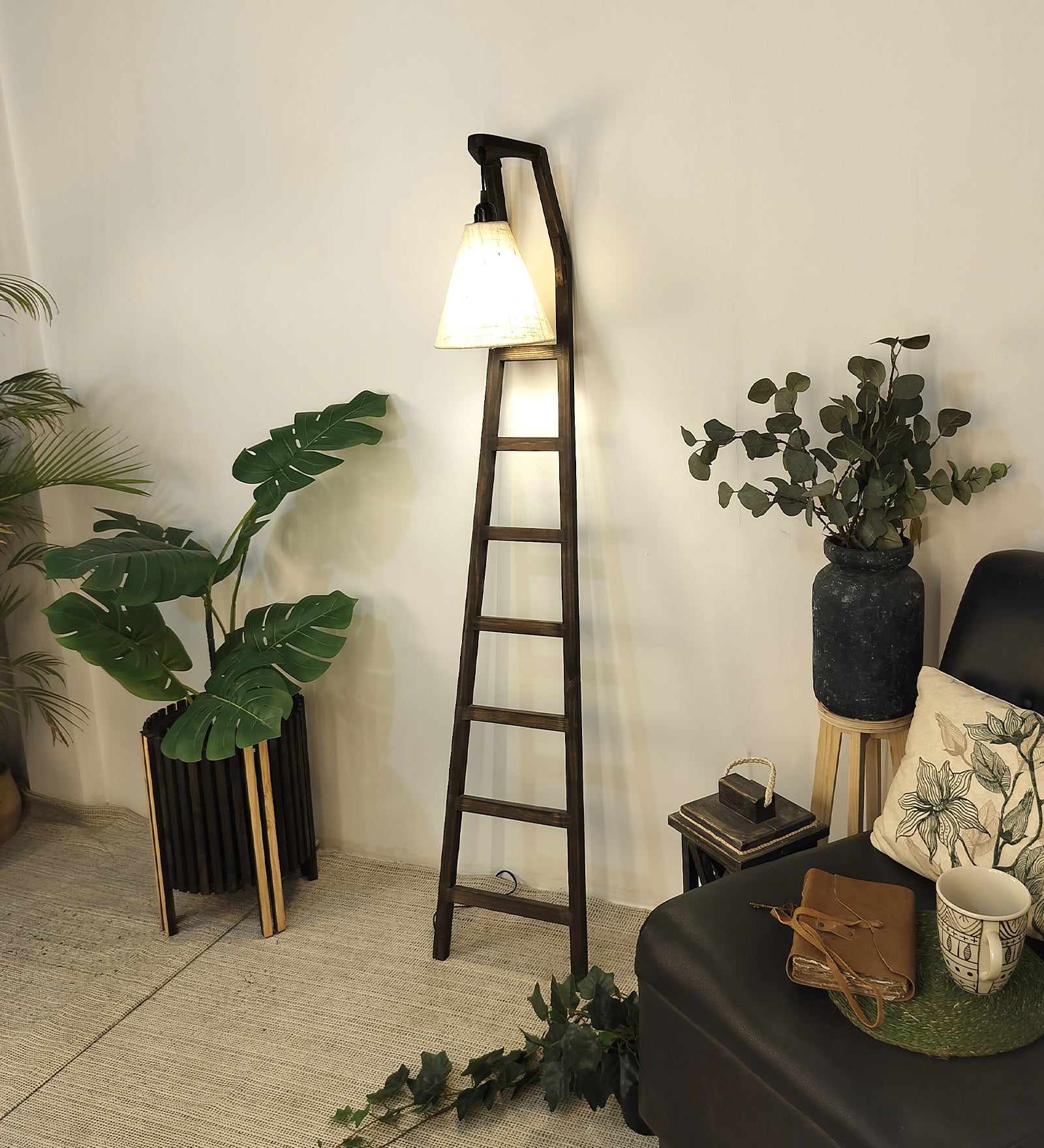 Stairway Wooden Floor Lamp with Brown Base and Jute Fabric Lampshade (BULB NOT INCLUDED)