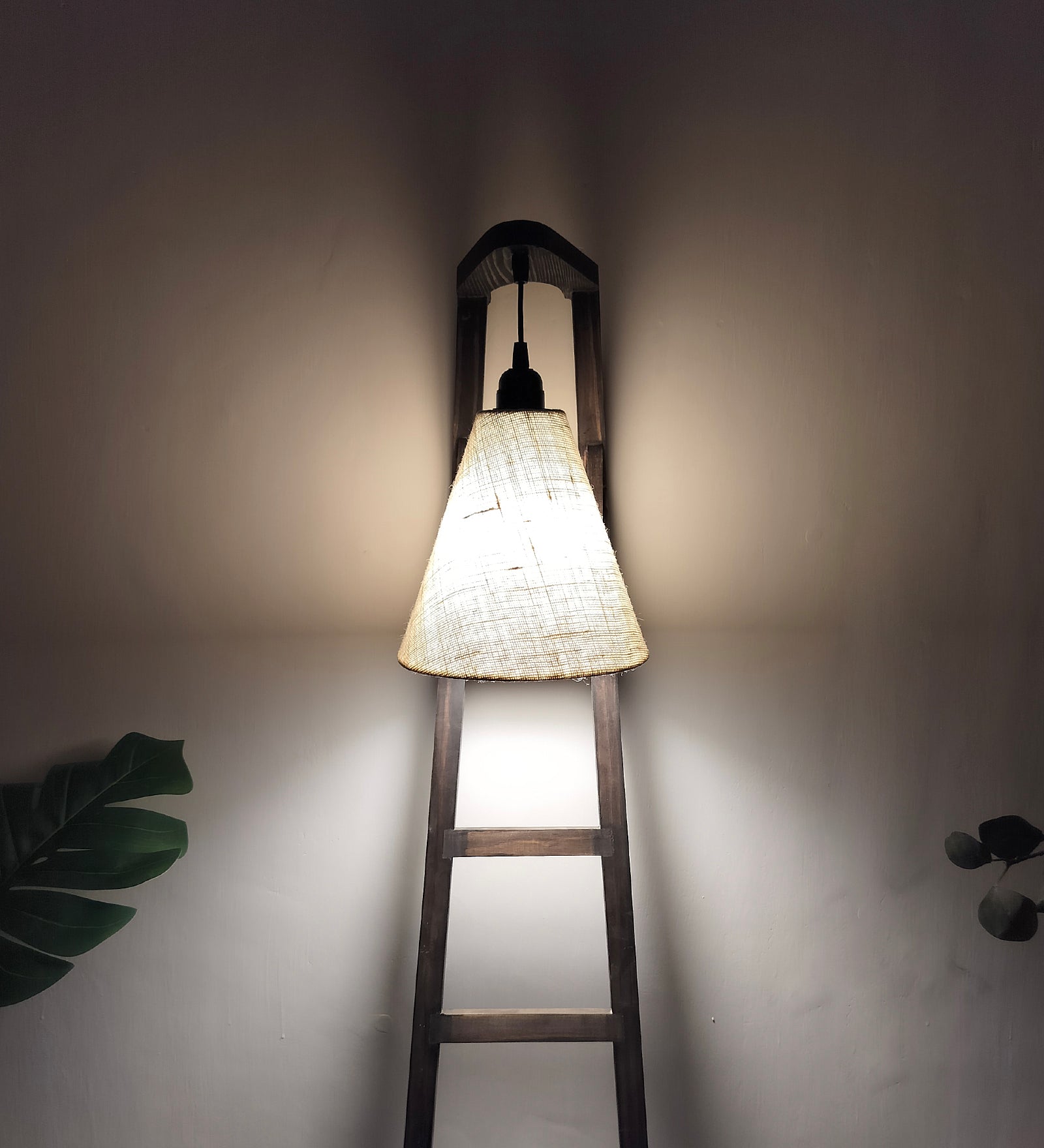 Stairway Wooden Floor Lamp with Brown Base and Jute Fabric Lampshade (BULB NOT INCLUDED)