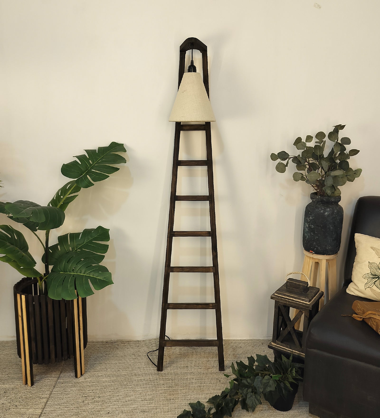 Stairway Wooden Floor Lamp with Brown Base and Jute Fabric Lampshade (BULB NOT INCLUDED)