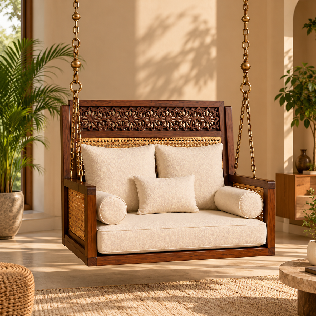 Wooden Swing Chair with Cushions, Carved Backrest & Cane Detailing for Living Room
