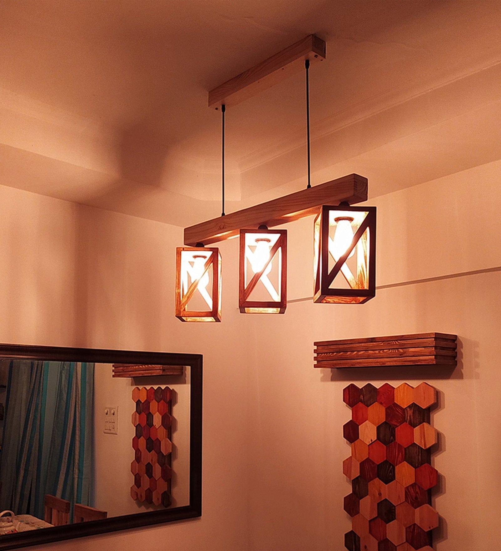 Symmetric Brown & Beige Wooden Series Hanging Lamp (BULB NOT INCLUDED)