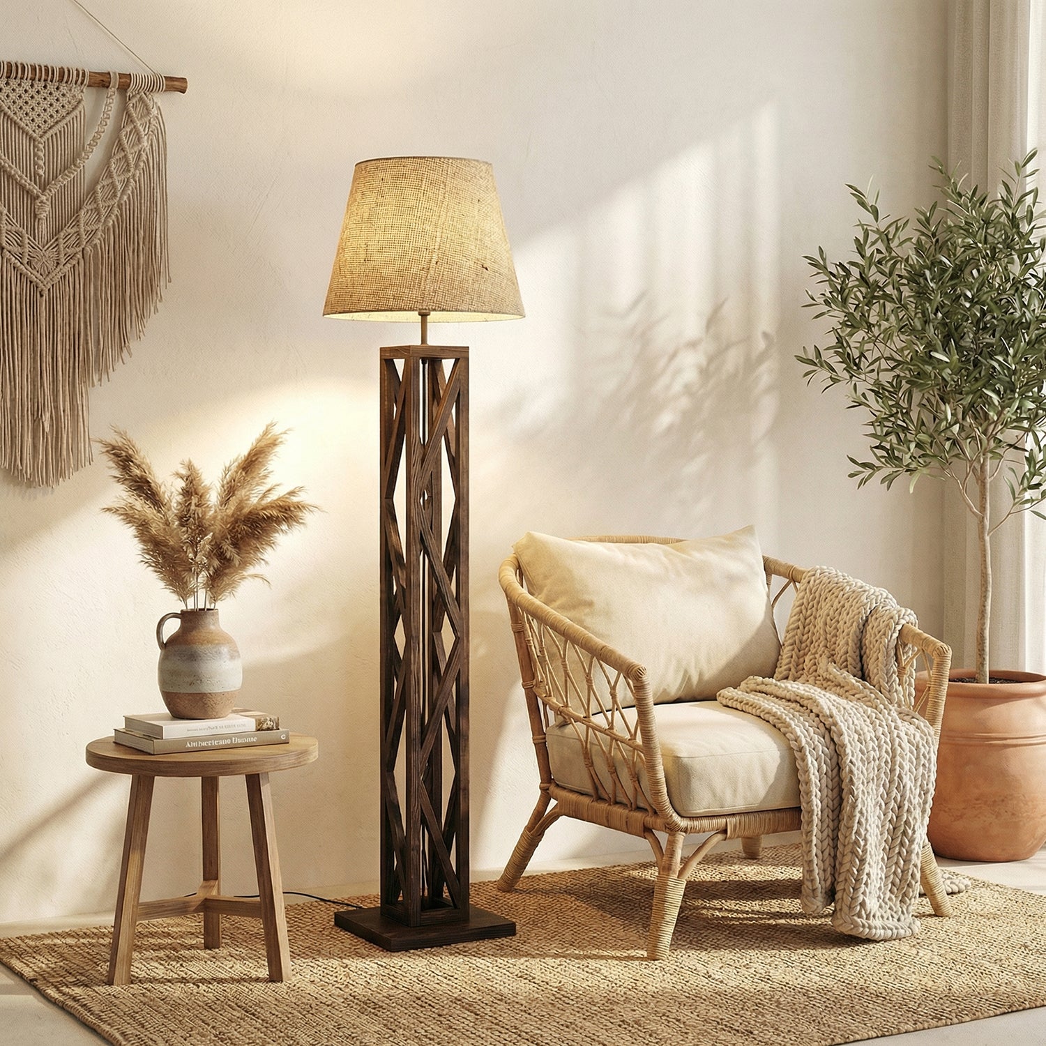 Symmetric Wooden Floor Lamp with Premium Beige Fabric Lampshade (BULB NOT INCLUDED)