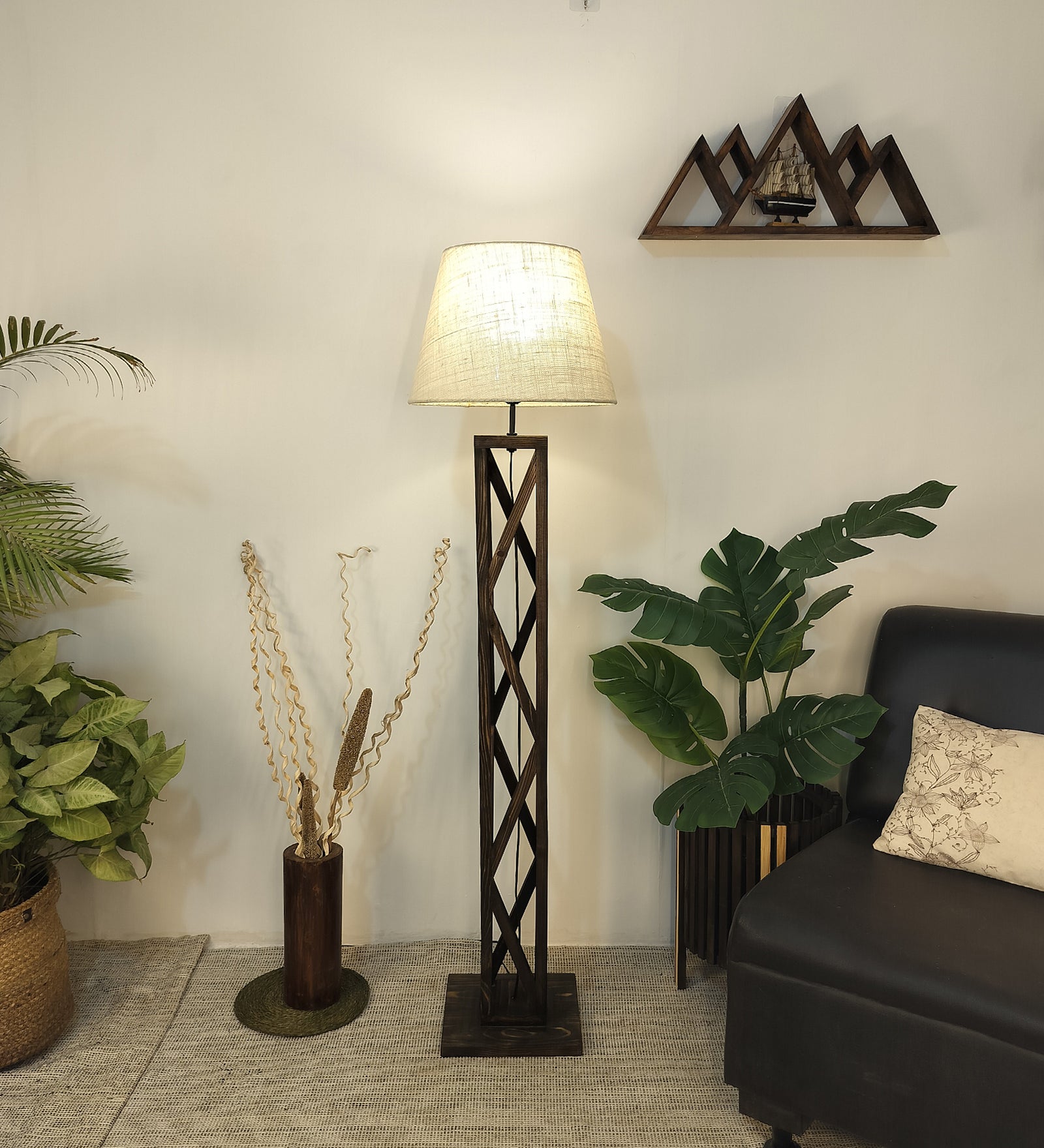 Symmetric Wooden Floor Lamp with Premium Beige Fabric Lampshade (BULB NOT INCLUDED)