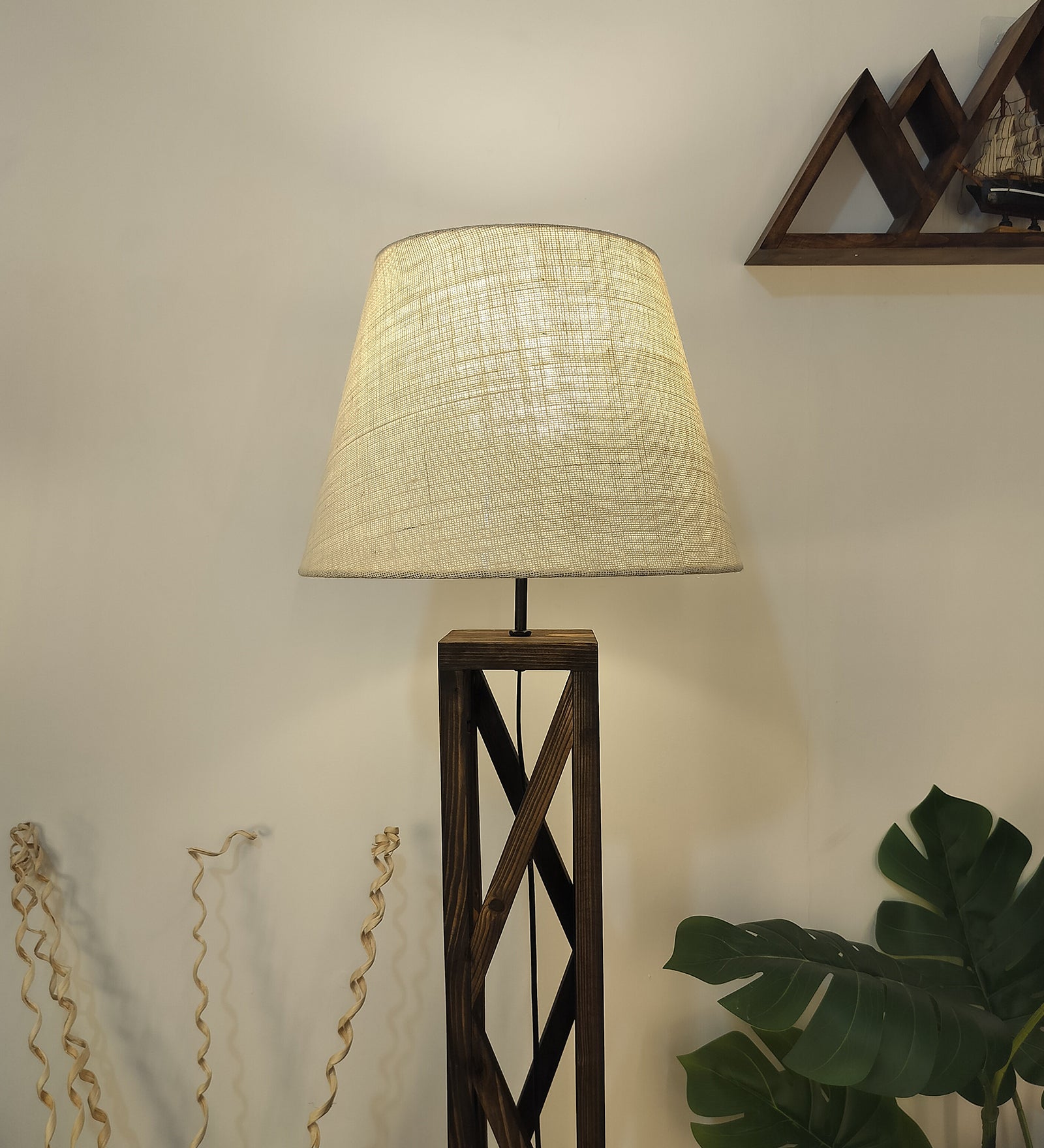 Symmetric Wooden Floor Lamp with Premium Beige Fabric Lampshade (BULB NOT INCLUDED)