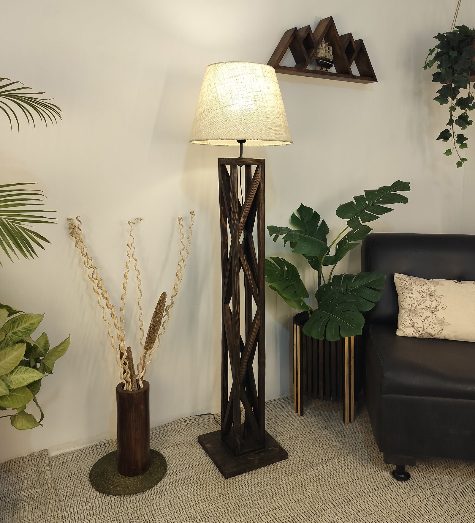 Symmetric Wooden Floor Lamp with Premium Beige Fabric Lampshade (BULB NOT INCLUDED)