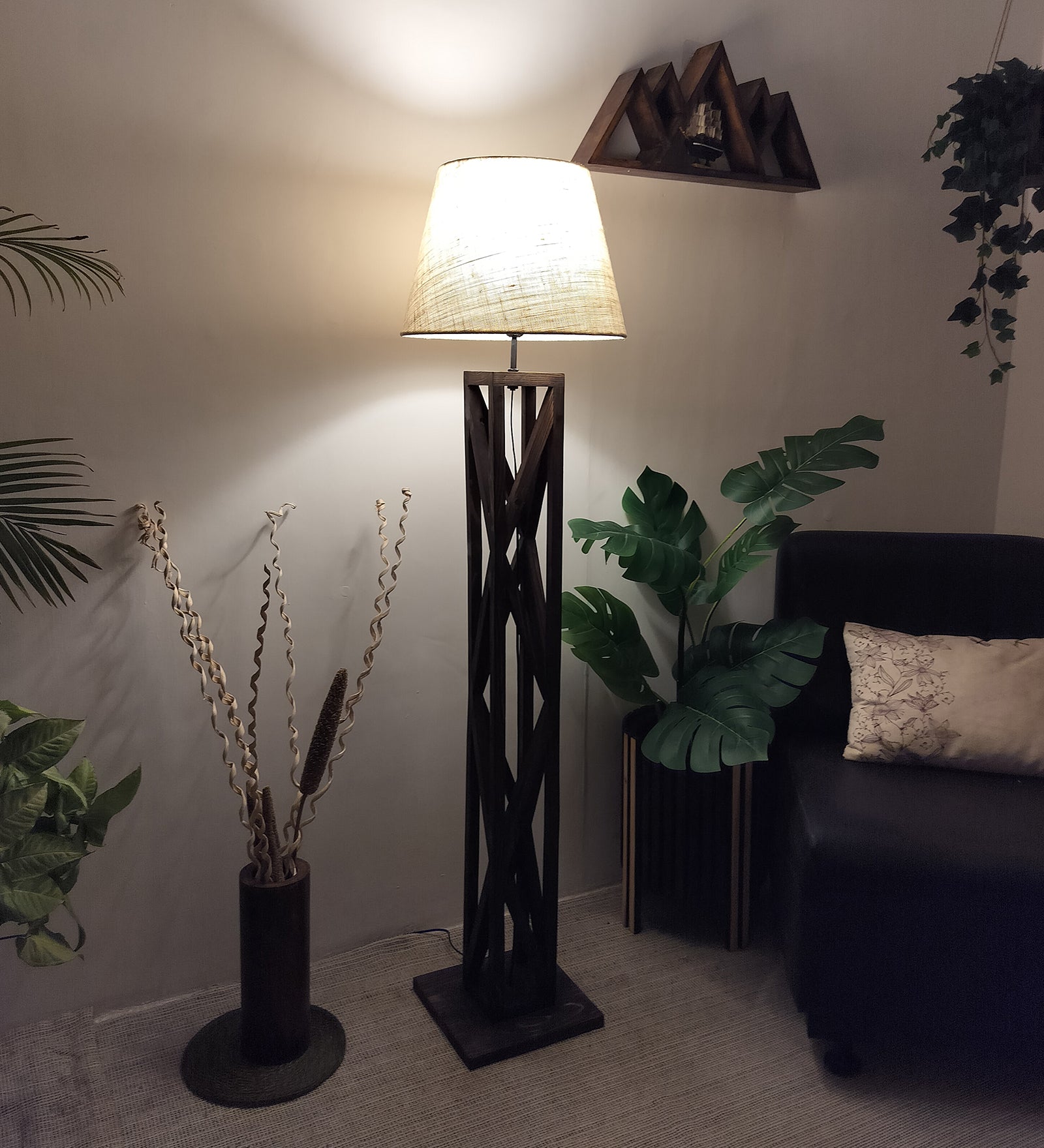 Symmetric Wooden Floor Lamp with Premium Beige Fabric Lampshade (BULB NOT INCLUDED)