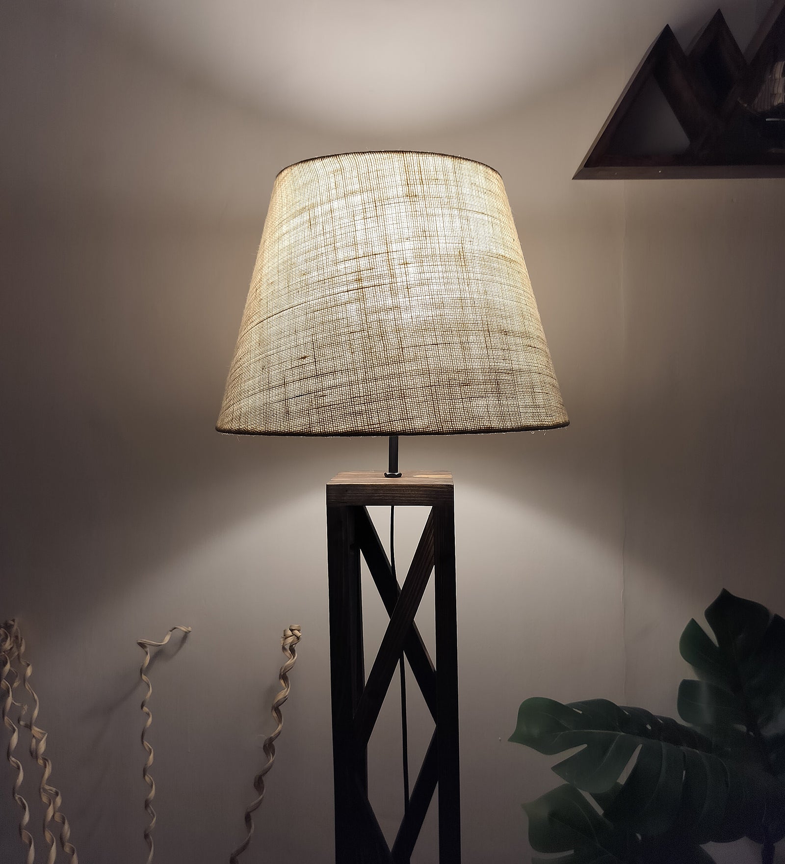 Symmetric Wooden Floor Lamp with Premium Beige Fabric Lampshade (BULB NOT INCLUDED)